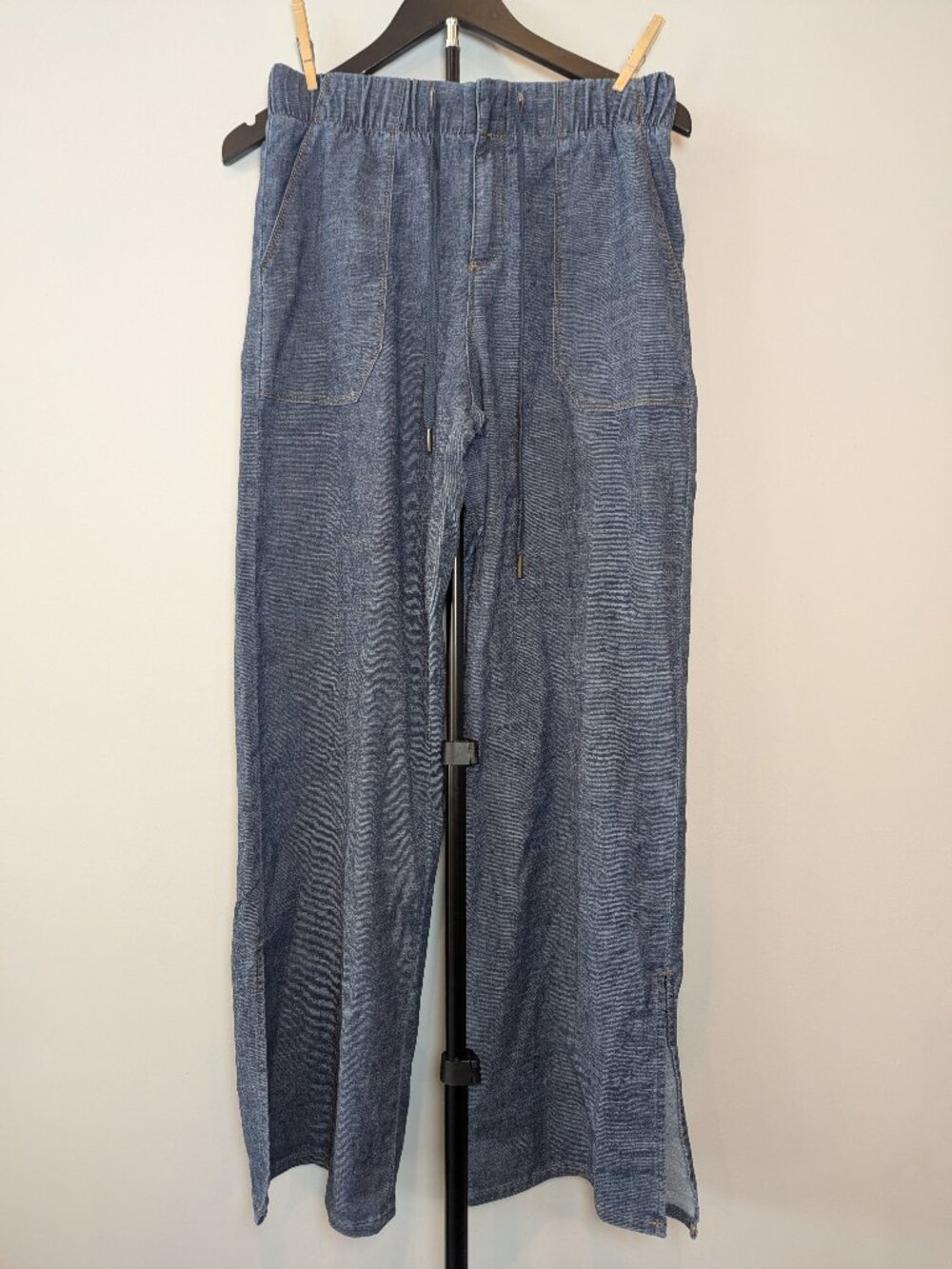 Evereve Women's Size S Stargazer Dark Wash Wide Leg Cotton Pants Bottom Slit